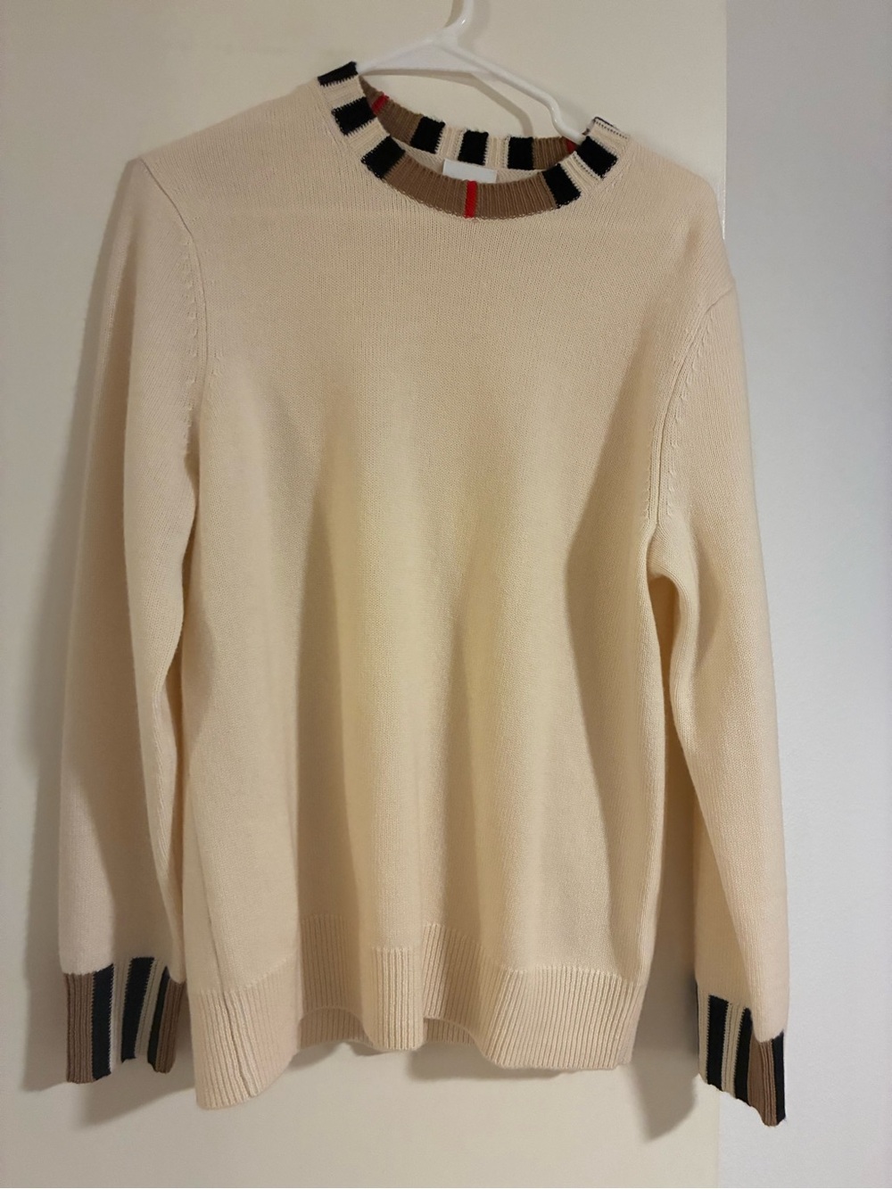 Burberry Cream Crewneck Sweater with Contrast Stripe Collar